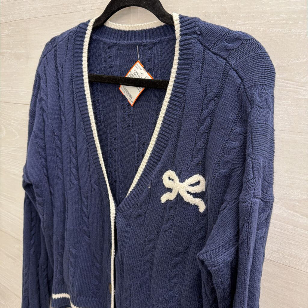 Navy/ White Cropped Bow Detail Cardigan Sweater Small