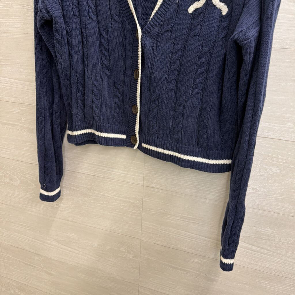 Navy/ White Cropped Bow Detail Cardigan Sweater Small
