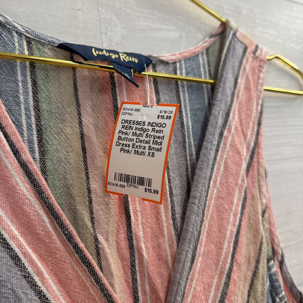 Indigo Rein Pink/ Multi Striped Button Detail Midi Dress Extra Small
