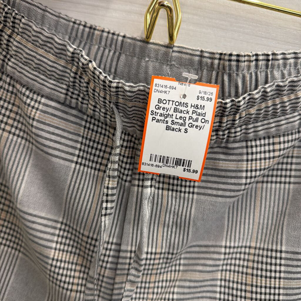 Grey/ Black Plaid Straight Leg Pull On Pants Small