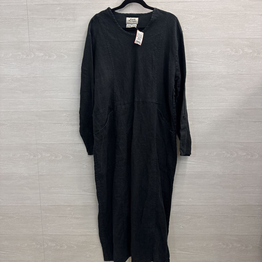 Flax Black 100% Linen Long Sleeve Maxi Dress Medium