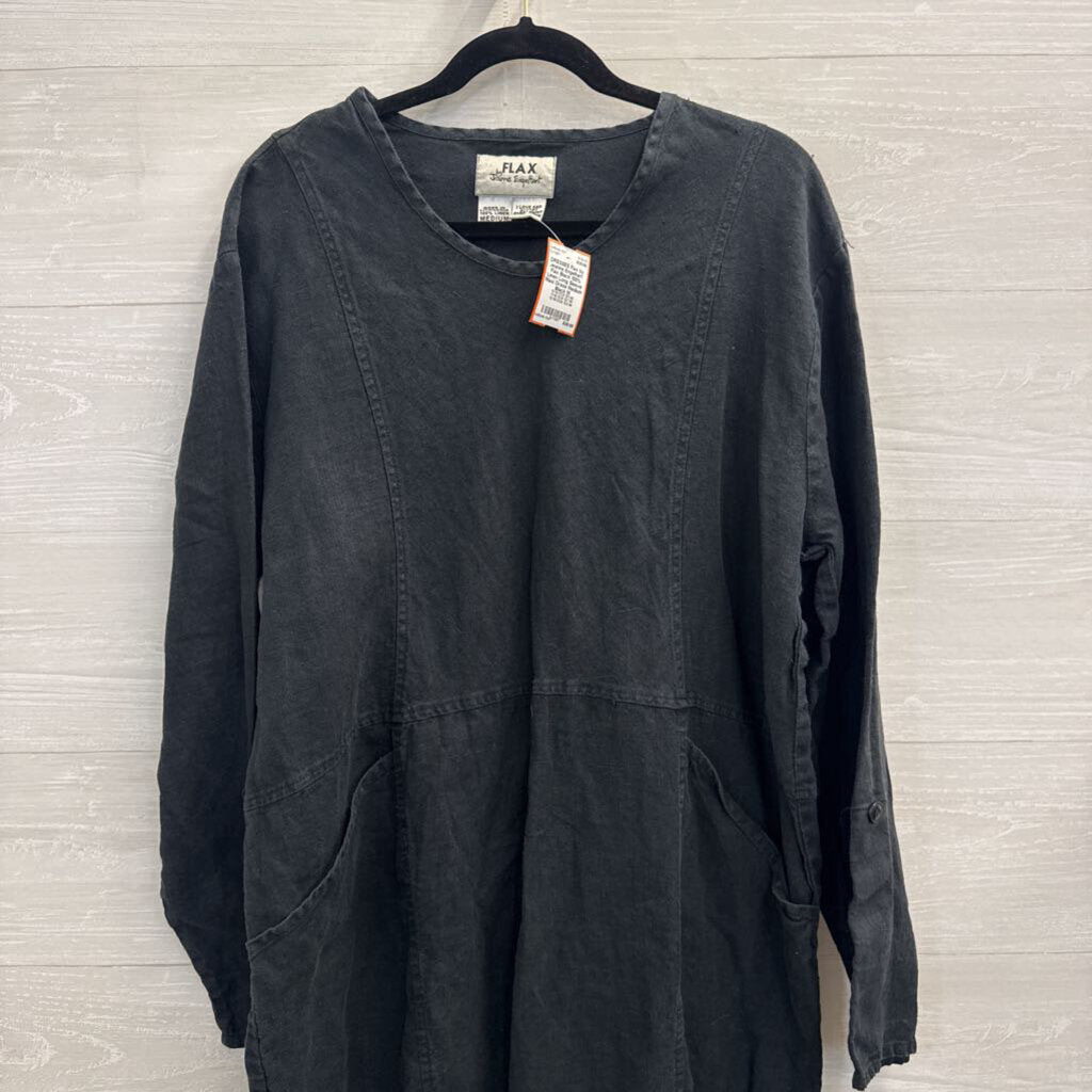 Flax Black 100% Linen Long Sleeve Maxi Dress Medium