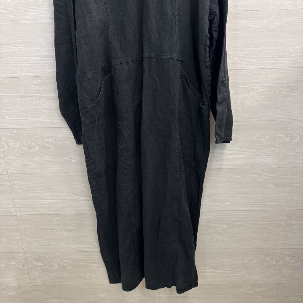 Flax Black 100% Linen Long Sleeve Maxi Dress Medium
