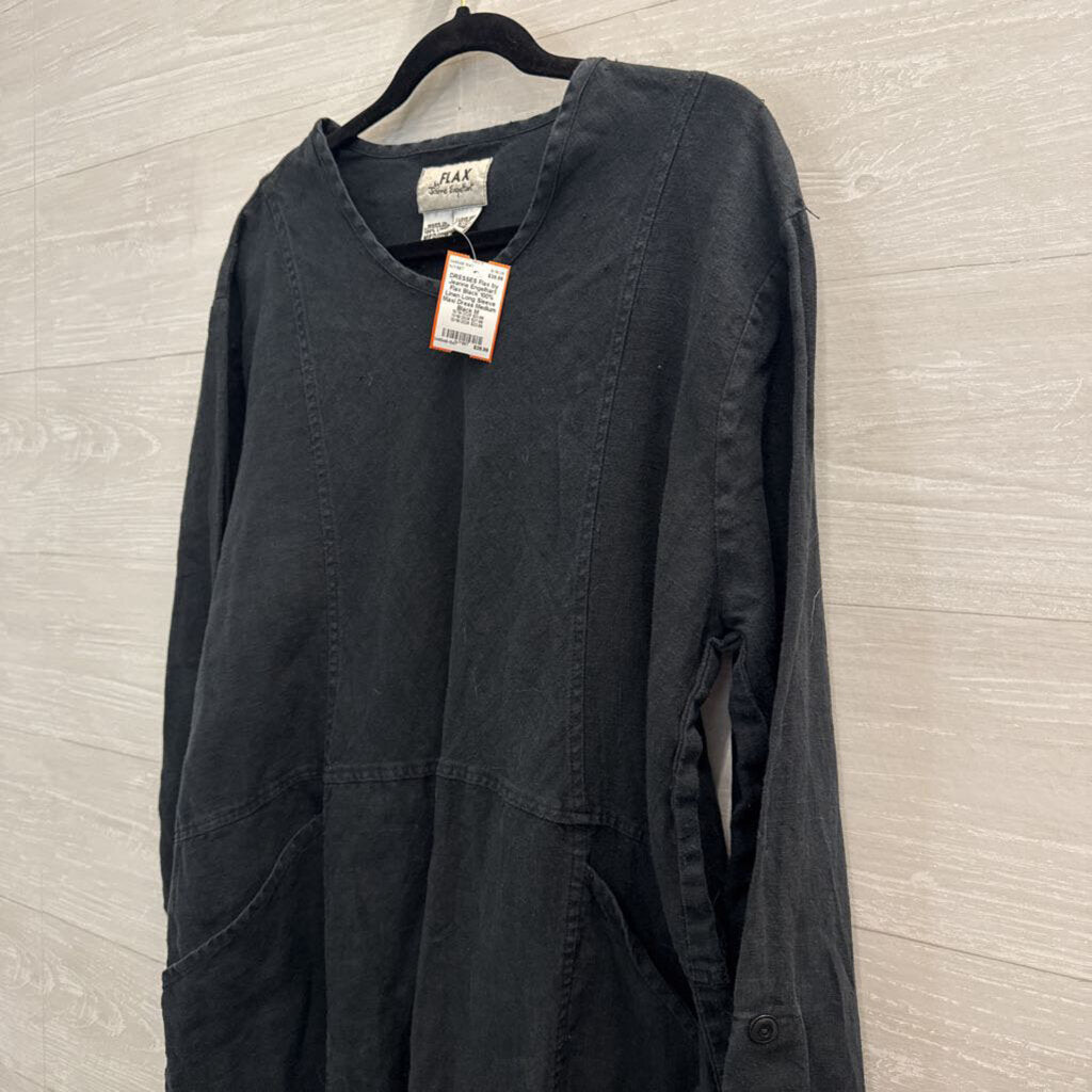 Flax Black 100% Linen Long Sleeve Maxi Dress Medium