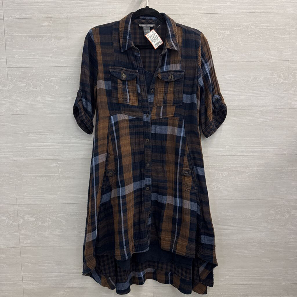 Chelsea and Theodore Brown/ Blue Plaid Long Sleeve Button Down Dress Medium