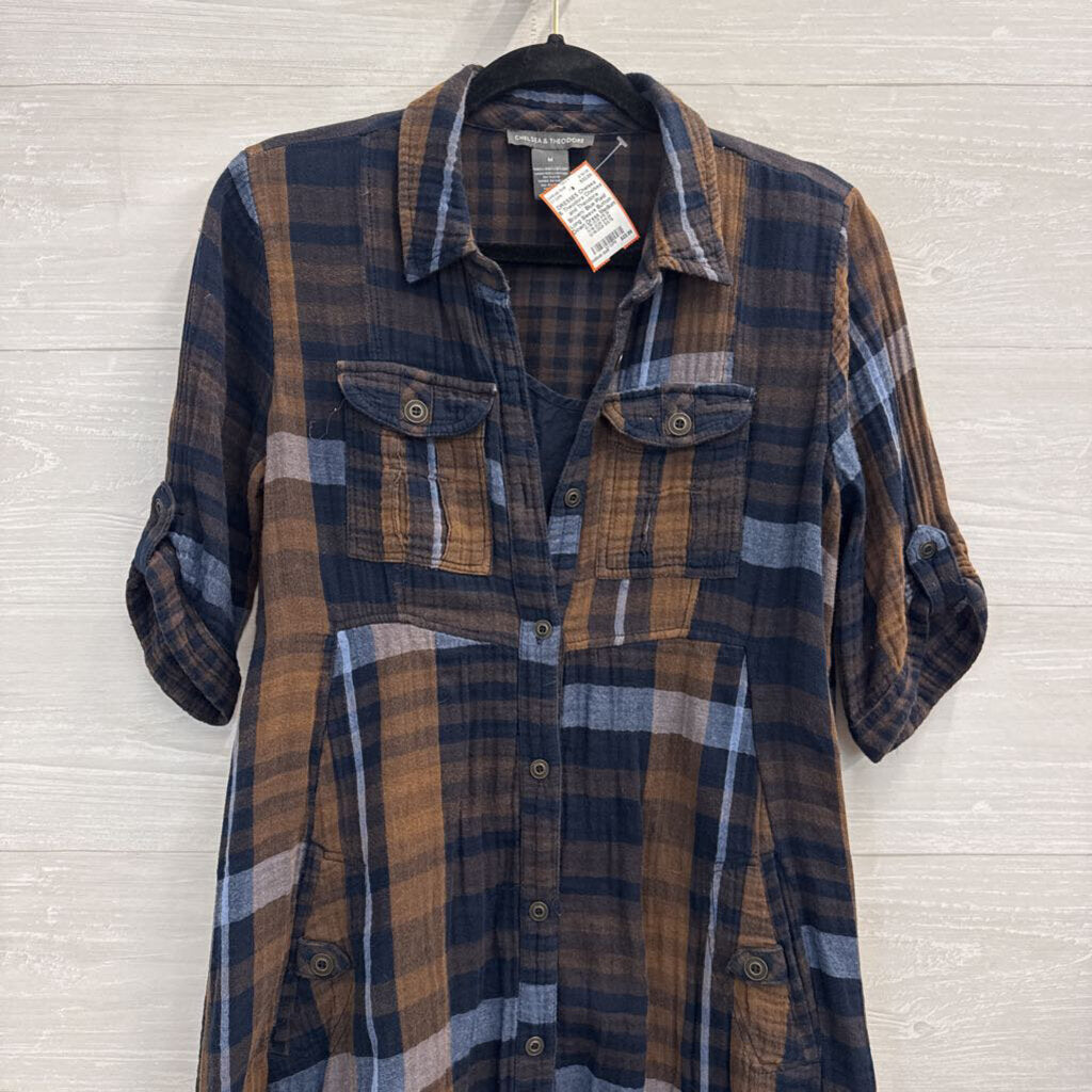 Chelsea and Theodore Brown/ Blue Plaid Long Sleeve Button Down Dress Medium