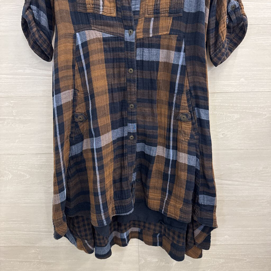Chelsea and Theodore Brown/ Blue Plaid Long Sleeve Button Down Dress Medium