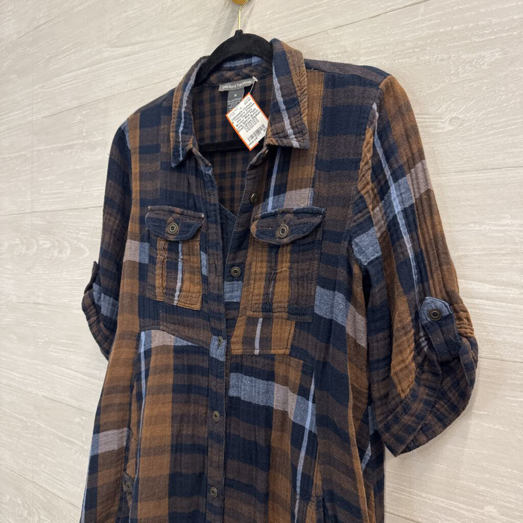 Chelsea and Theodore Brown/ Blue Plaid Long Sleeve Button Down Dress Medium