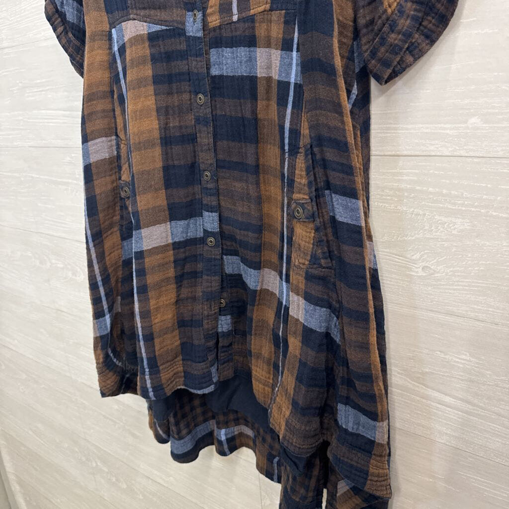 Chelsea and Theodore Brown/ Blue Plaid Long Sleeve Button Down Dress Medium