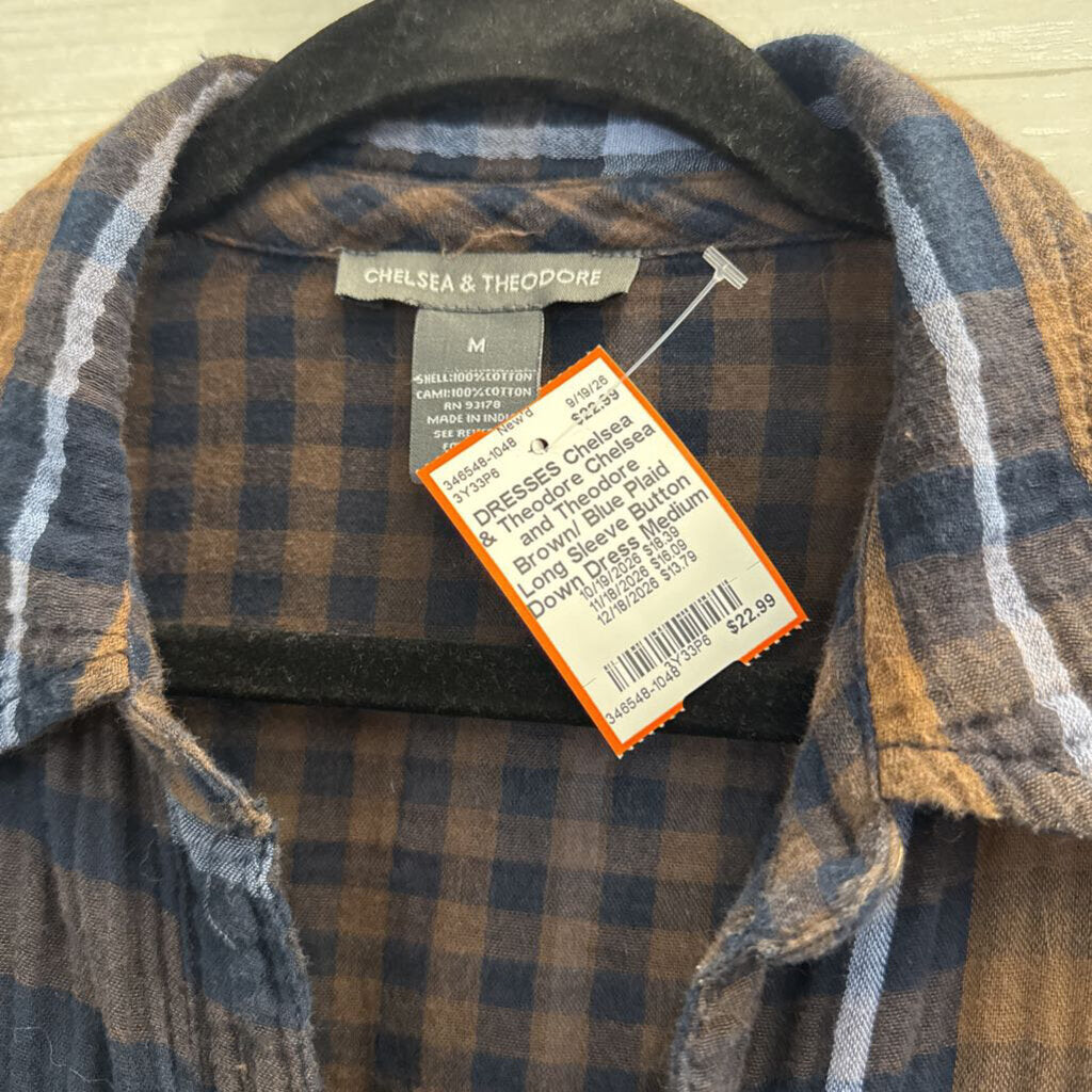 Chelsea and Theodore Brown/ Blue Plaid Long Sleeve Button Down Dress Medium