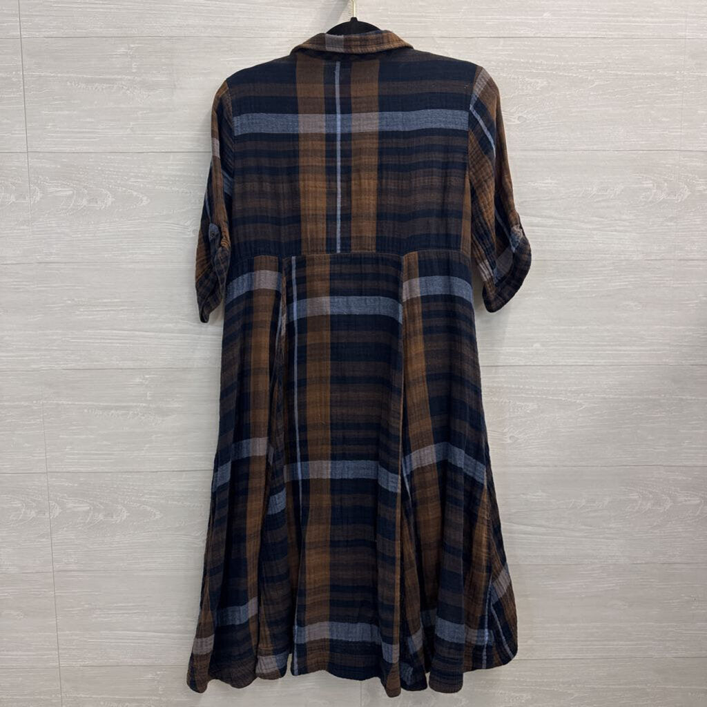 Chelsea and Theodore Brown/ Blue Plaid Long Sleeve Button Down Dress Medium
