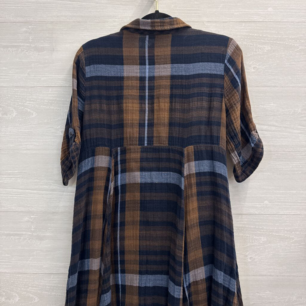 Chelsea and Theodore Brown/ Blue Plaid Long Sleeve Button Down Dress Medium