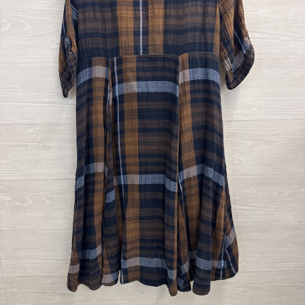 Chelsea and Theodore Brown/ Blue Plaid Long Sleeve Button Down Dress Medium