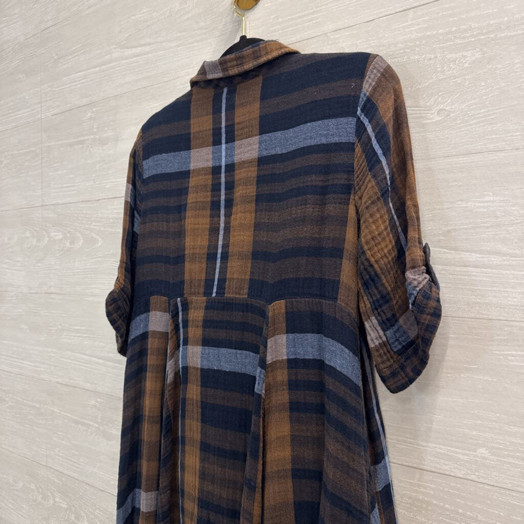 Chelsea and Theodore Brown/ Blue Plaid Long Sleeve Button Down Dress Medium