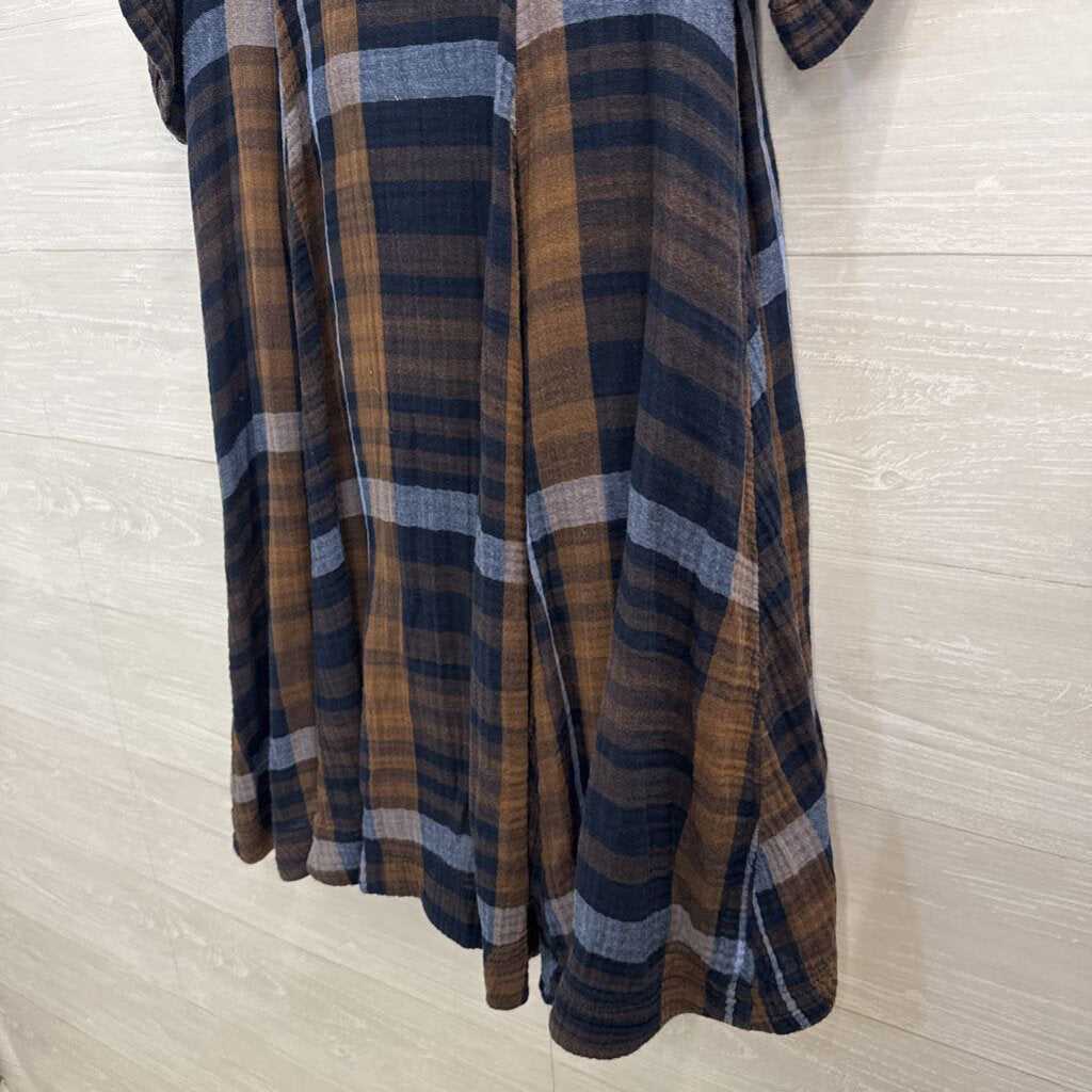 Chelsea and Theodore Brown/ Blue Plaid Long Sleeve Button Down Dress Medium