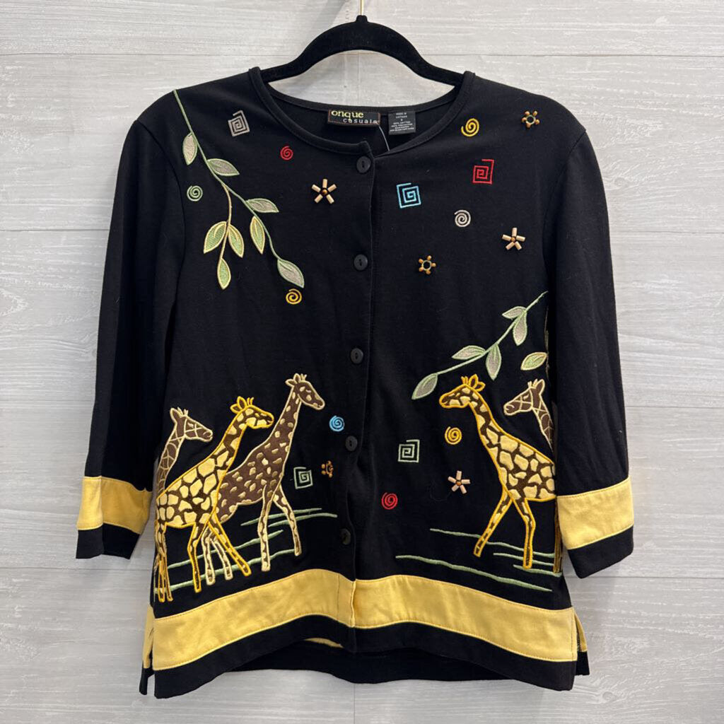 Vintage Onque Casuals Black Embroidered Giraffe Top Small
