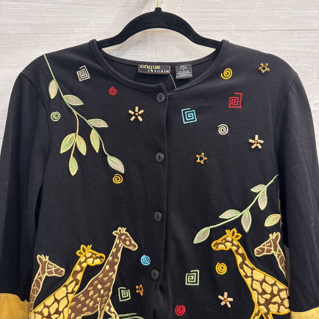 Vintage Onque Casuals Black Embroidered Giraffe Top Small