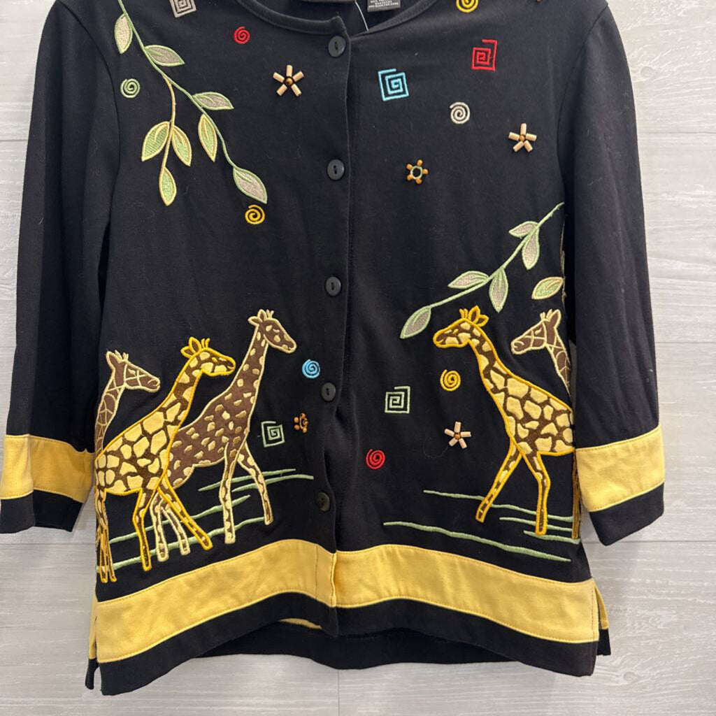 Vintage Onque Casuals Black Embroidered Giraffe Top Small