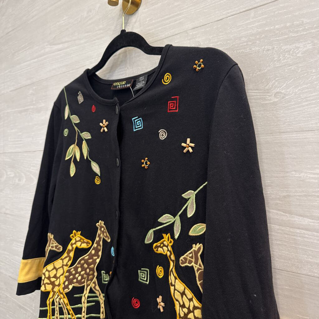 Vintage Onque Casuals Black Embroidered Giraffe Top Small
