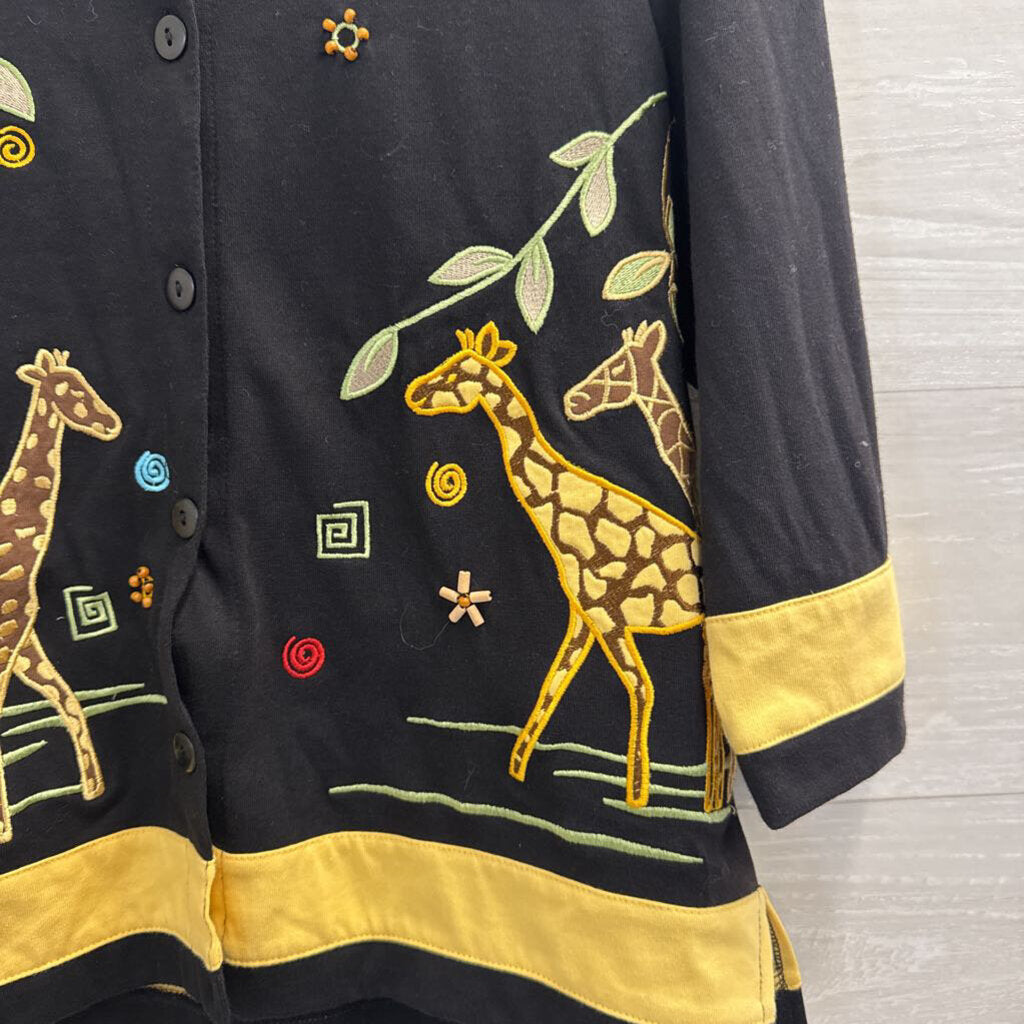 Vintage Onque Casuals Black Embroidered Giraffe Top Small