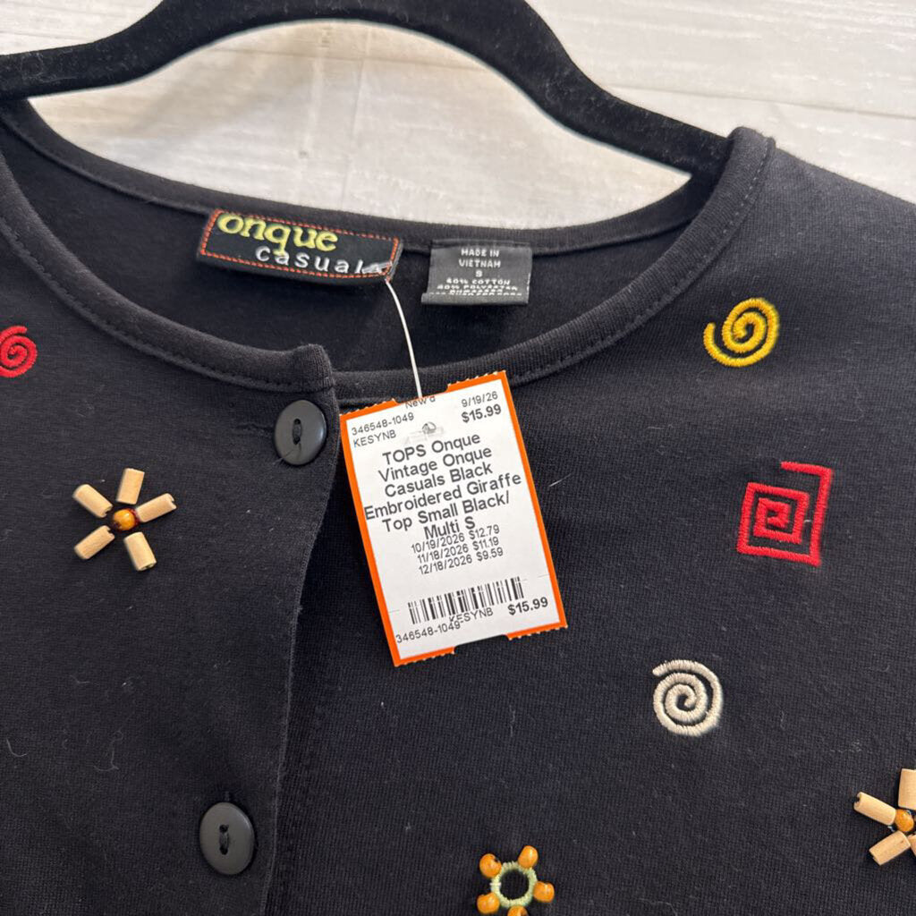 Vintage Onque Casuals Black Embroidered Giraffe Top Small