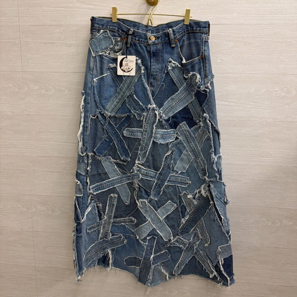 Jaded Gypsy Blue Denim Patched Up Maxi Skirt Large