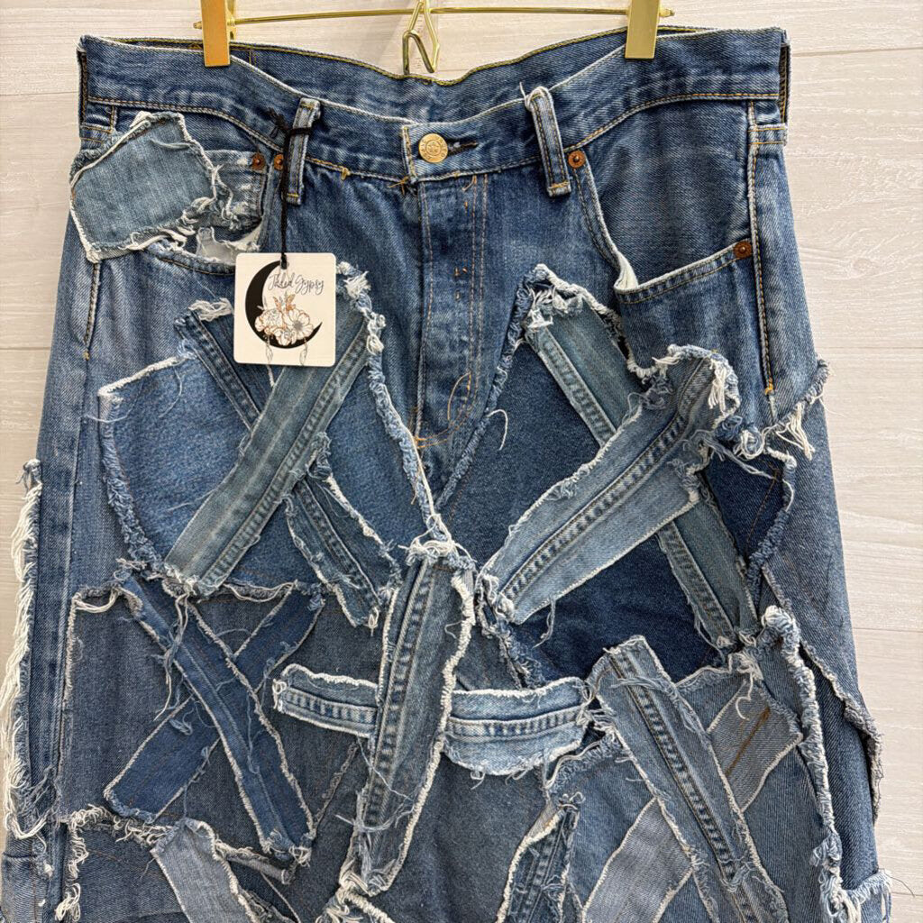 Jaded Gypsy Blue Denim Patched Up Maxi Skirt Large