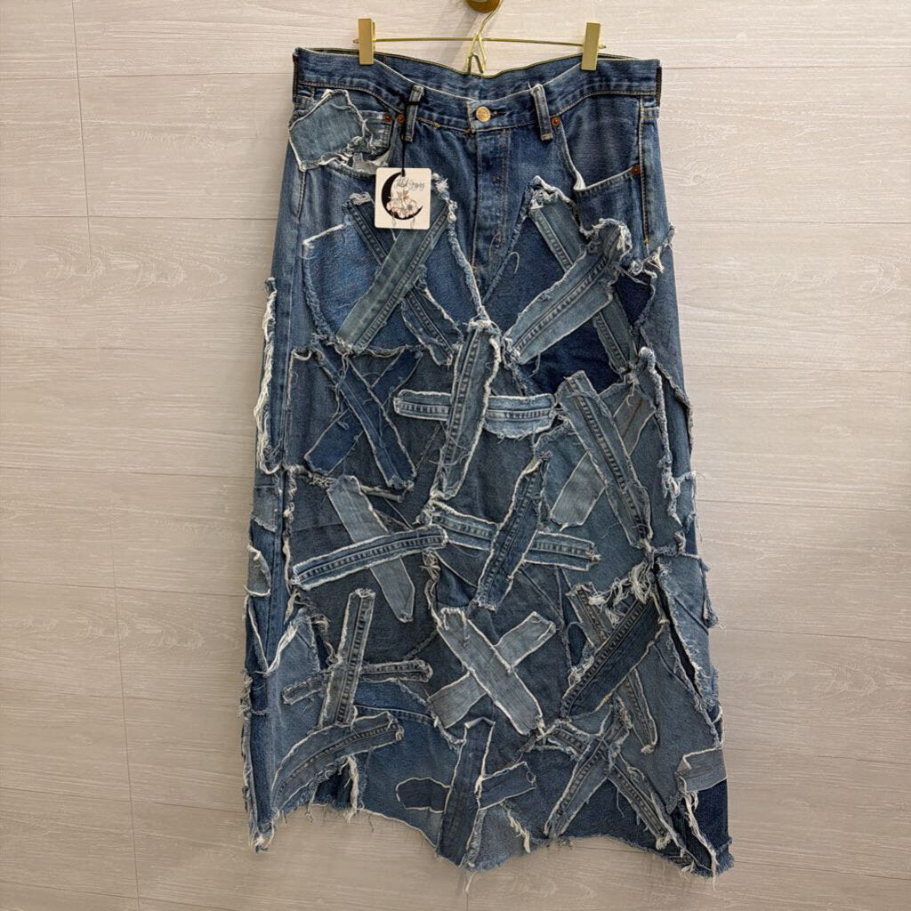 Jaded Gypsy Blue Denim Patched Up Maxi Skirt Large