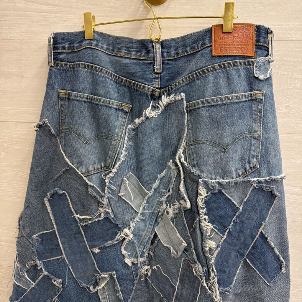 Jaded Gypsy Blue Denim Patched Up Maxi Skirt Large