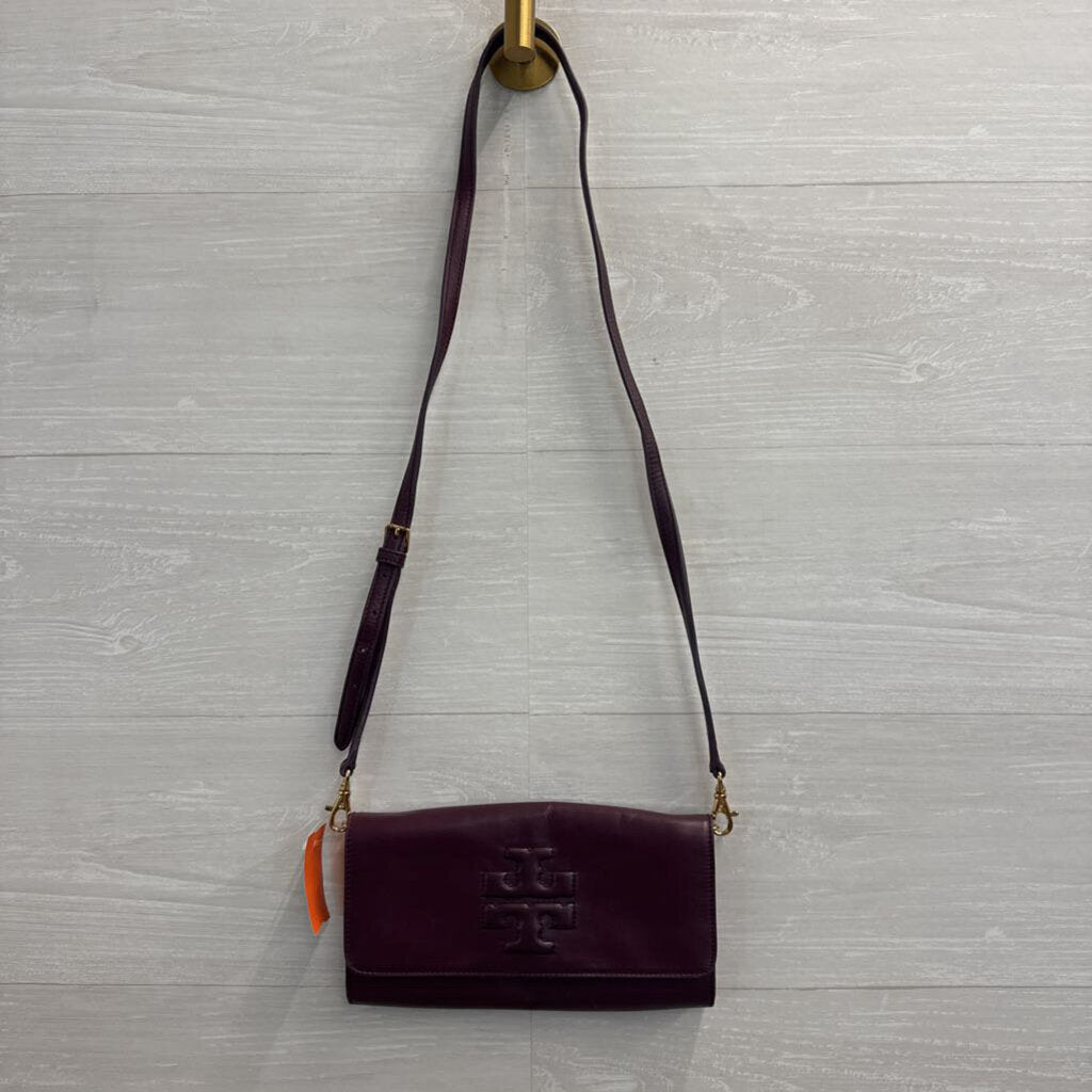 Tory Burch Burgundy Leather Embossed Logo Crossbody Purse