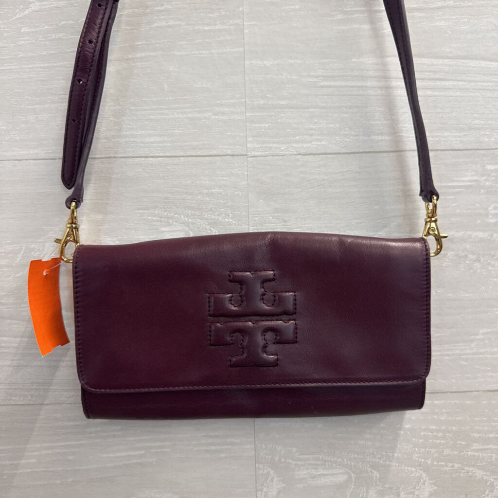 Tory Burch Burgundy Leather Embossed Logo Crossbody Purse