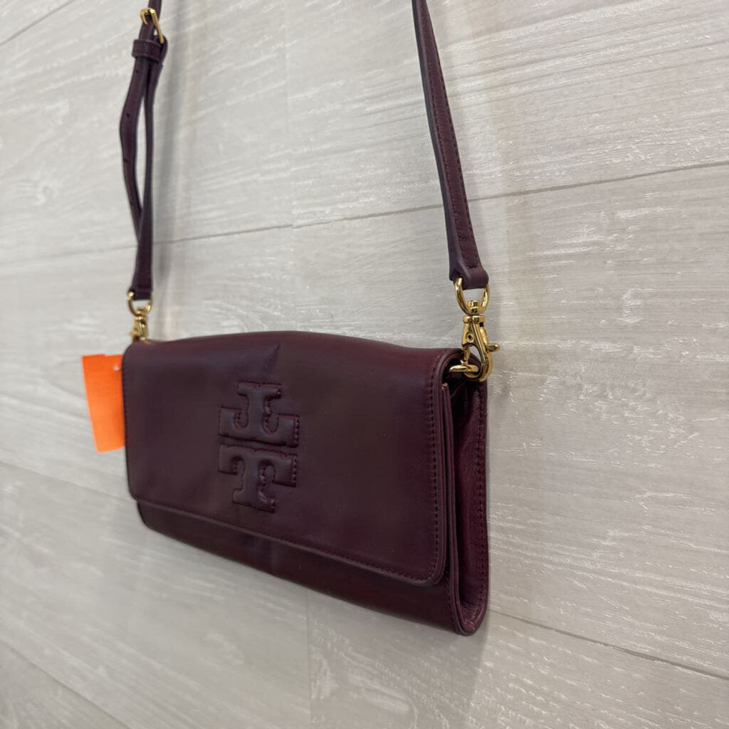 Tory Burch Burgundy Leather Embossed Logo Crossbody Purse