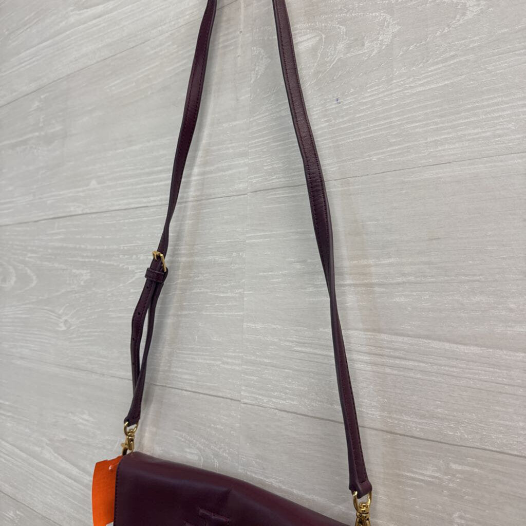 Tory Burch Burgundy Leather Embossed Logo Crossbody Purse