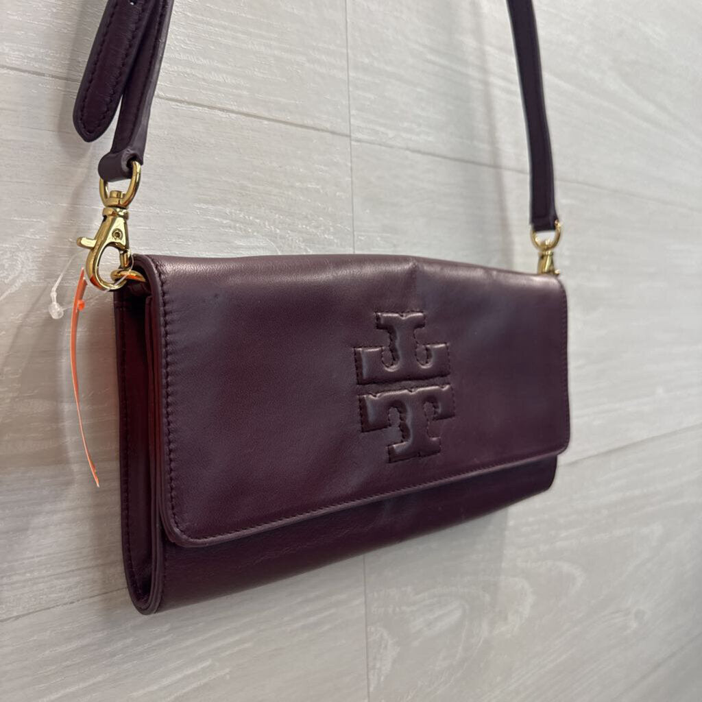 Tory Burch Burgundy Leather Embossed Logo Crossbody Purse