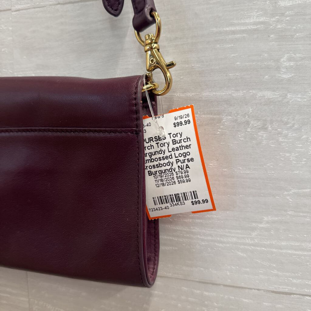 Tory Burch Burgundy Leather Embossed Logo Crossbody Purse