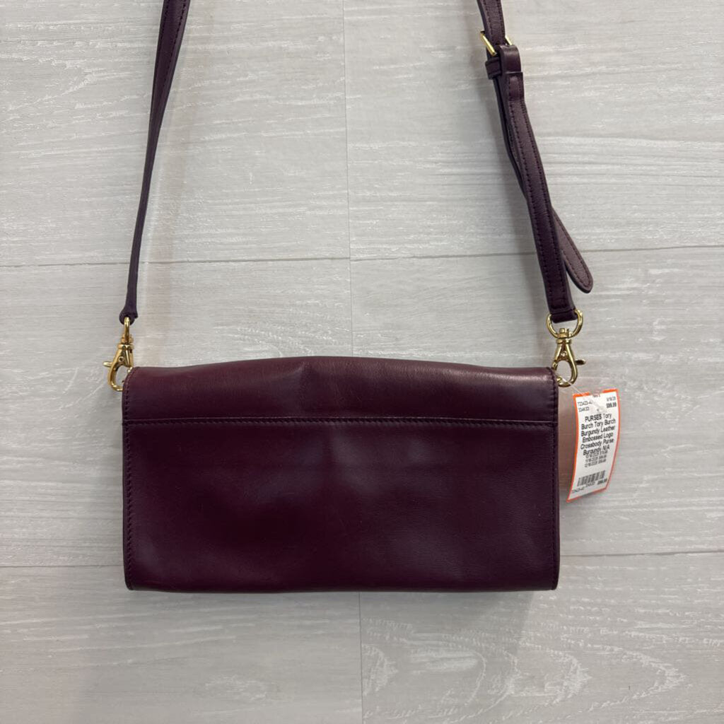 Tory Burch Burgundy Leather Embossed Logo Crossbody Purse