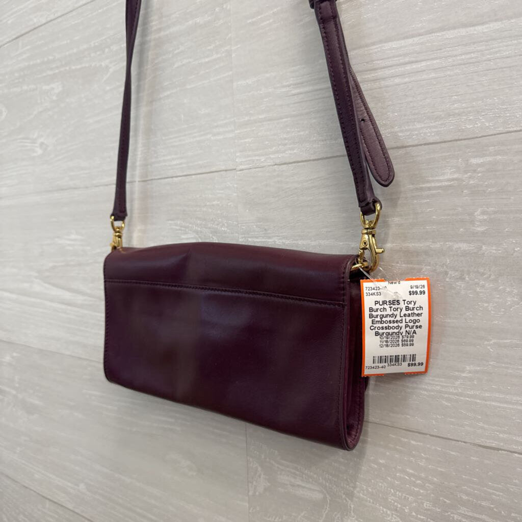 Tory Burch Burgundy Leather Embossed Logo Crossbody Purse