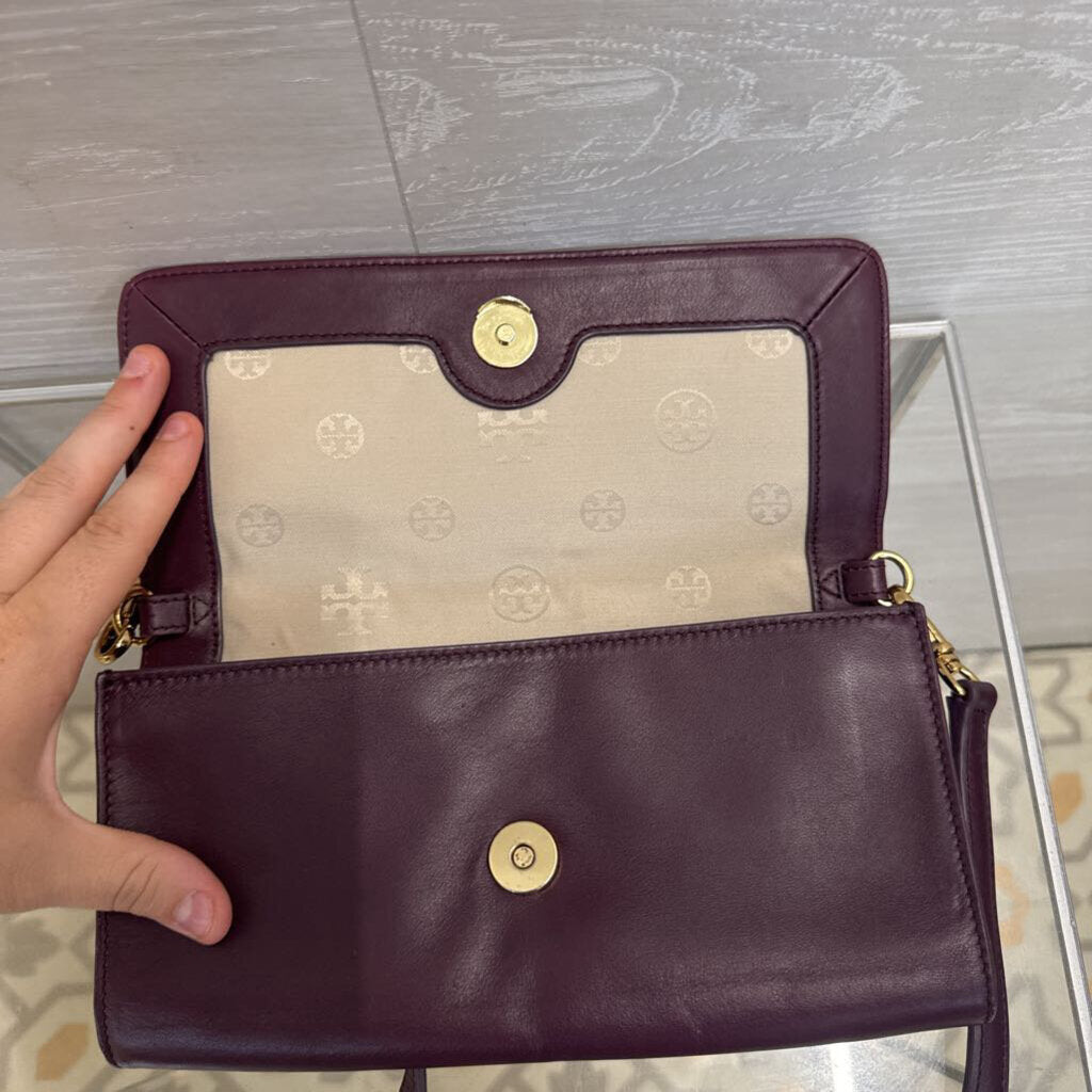 Tory Burch Burgundy Leather Embossed Logo Crossbody Purse
