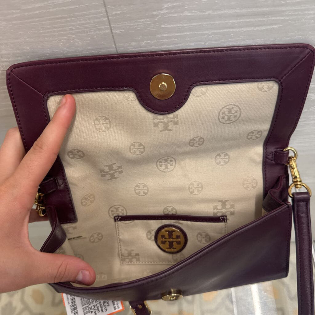 Tory Burch Burgundy Leather Embossed Logo Crossbody Purse