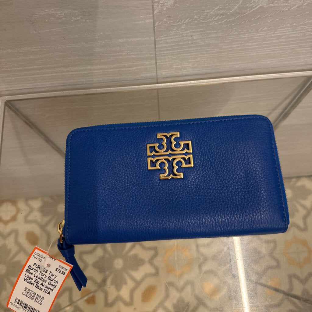 Tory Burch Blue Leather Gold Logo Zip Around Wallet