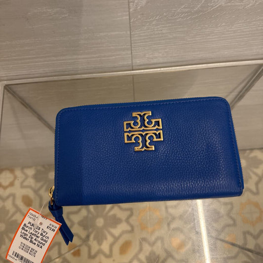 Tory Burch Blue Leather Gold Logo Zip Around Wallet