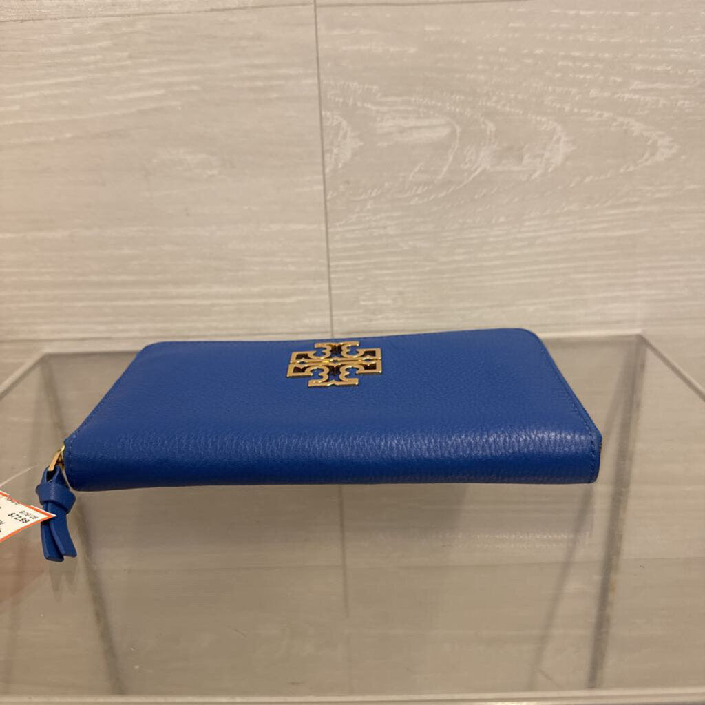 Tory Burch Blue Leather Gold Logo Zip Around Wallet