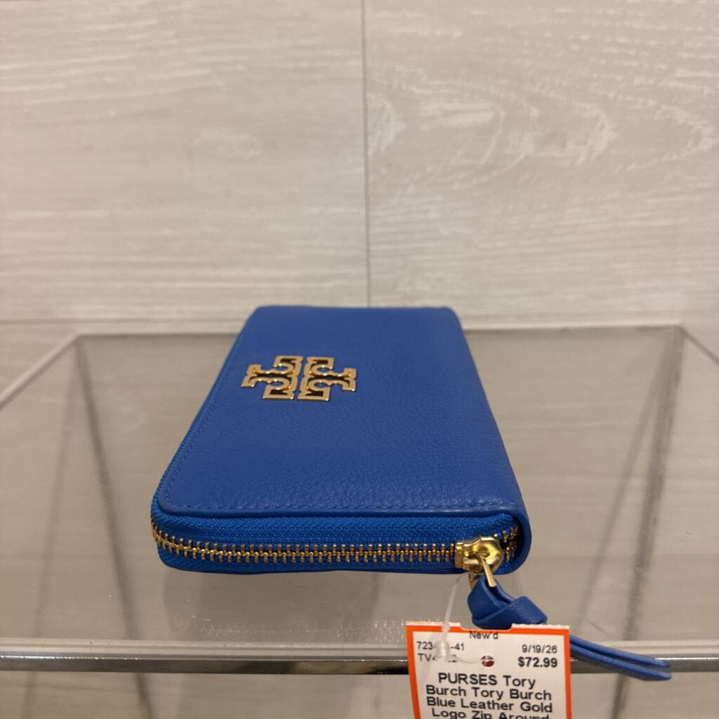 Tory Burch Blue Leather Gold Logo Zip Around Wallet
