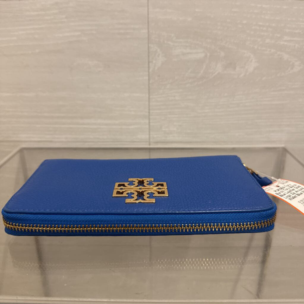 Tory Burch Blue Leather Gold Logo Zip Around Wallet