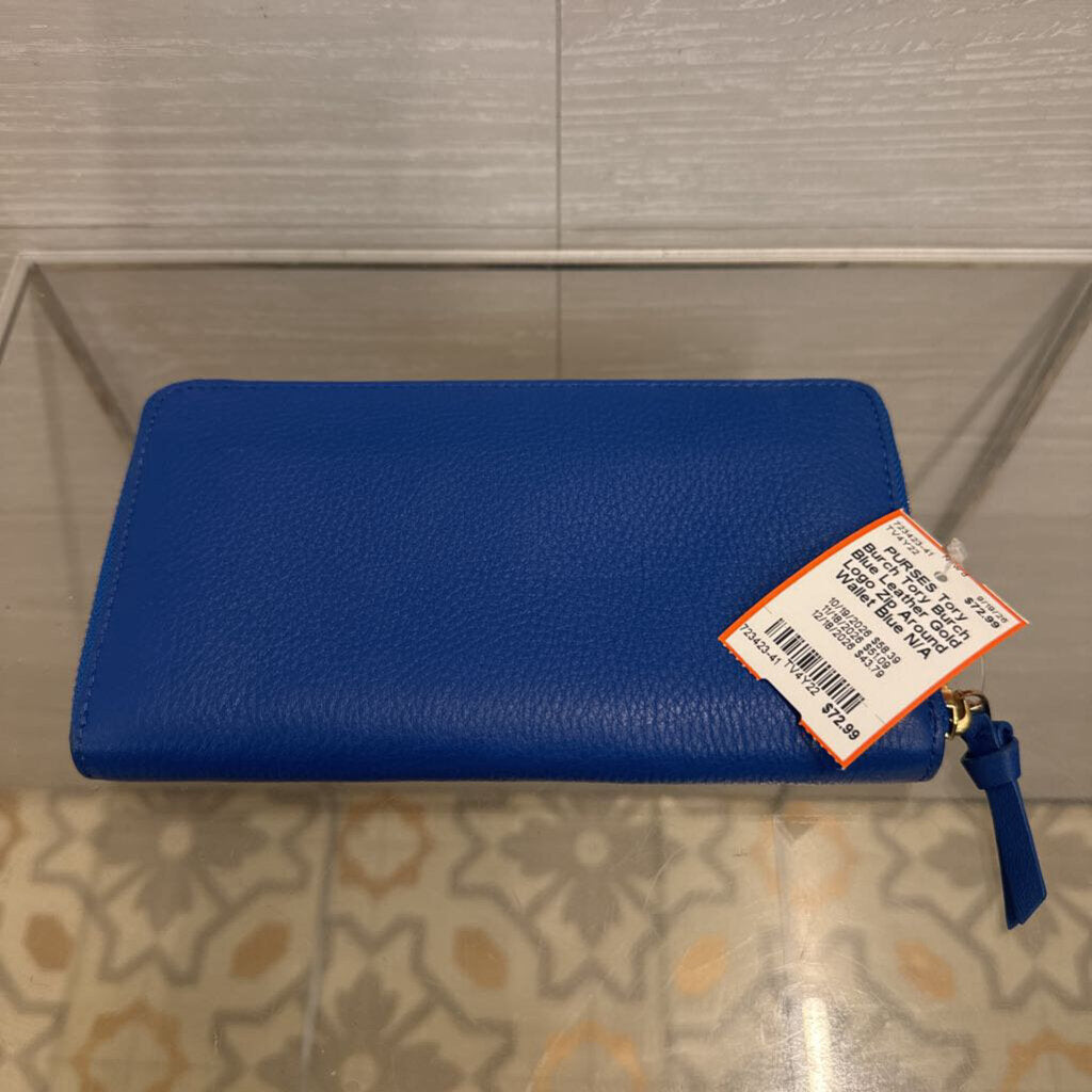 Tory Burch Blue Leather Gold Logo Zip Around Wallet