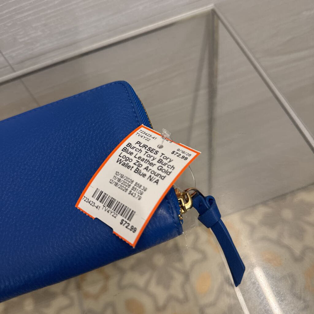 Tory Burch Blue Leather Gold Logo Zip Around Wallet