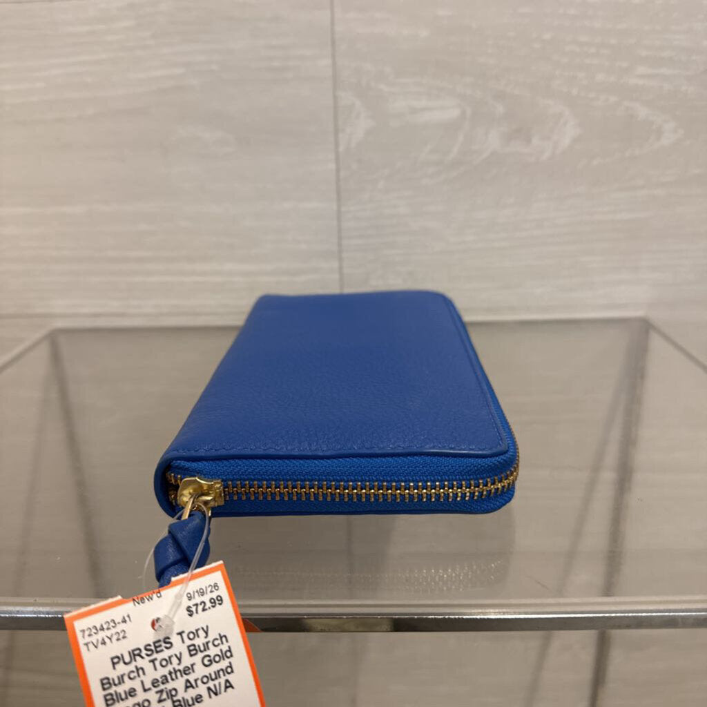 Tory Burch Blue Leather Gold Logo Zip Around Wallet