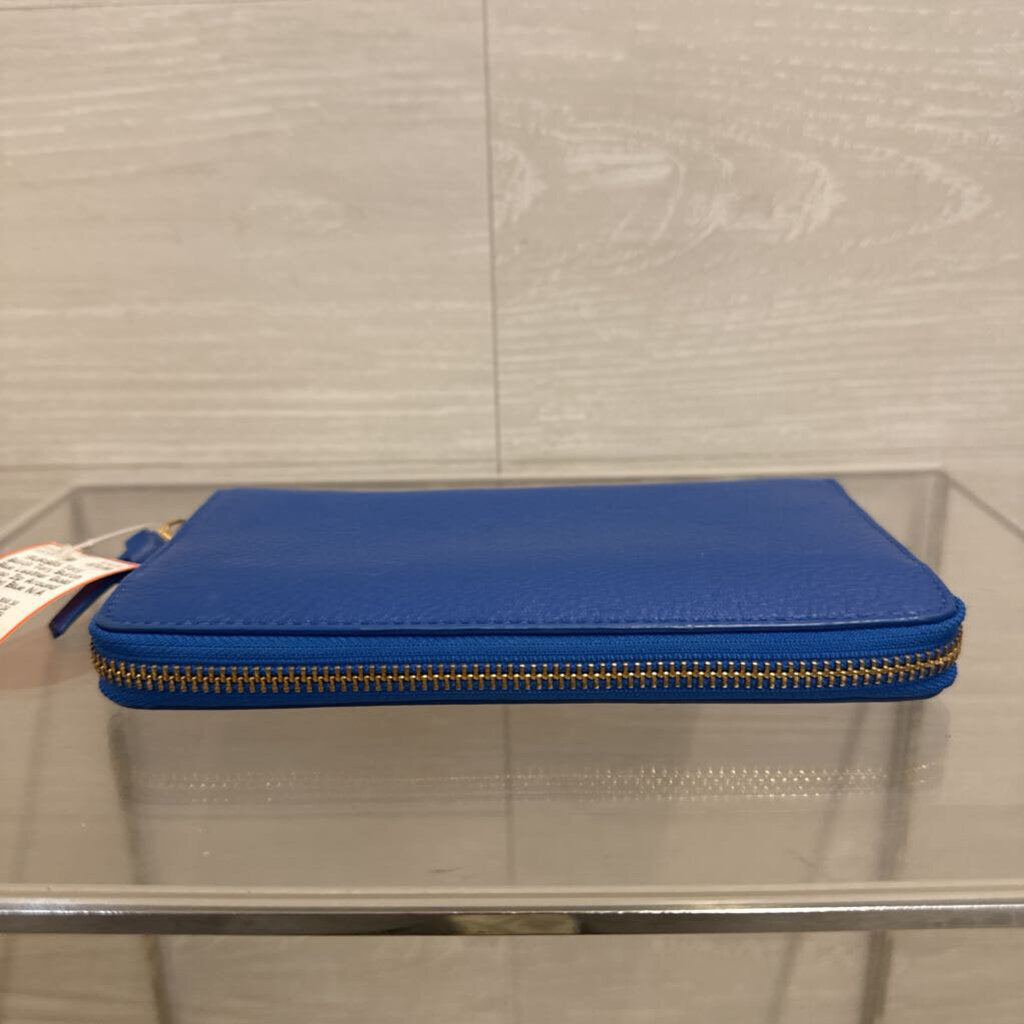 Tory Burch Blue Leather Gold Logo Zip Around Wallet