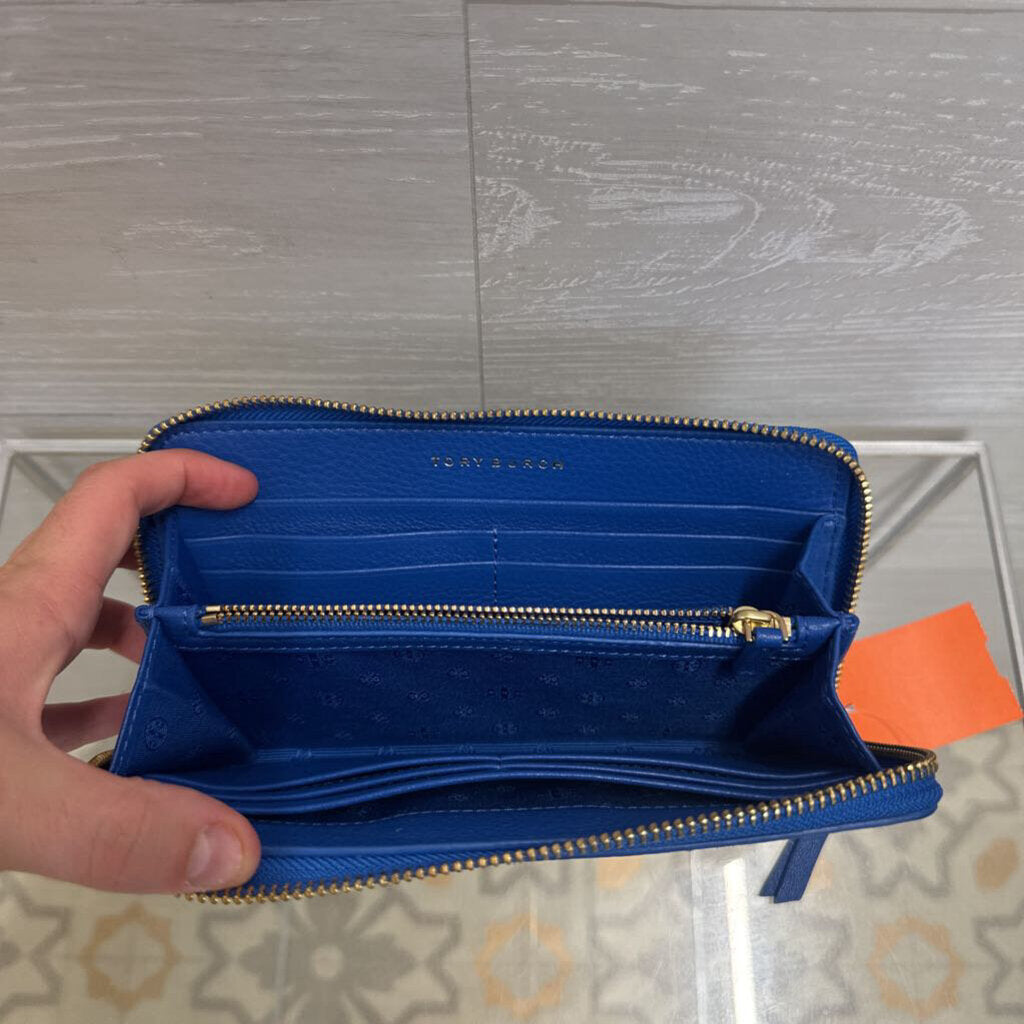 Tory Burch Blue Leather Gold Logo Zip Around Wallet