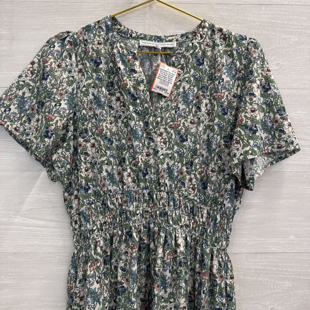 The Main Street Exchange White/ Green Print Short Sleeve Maxi Dress Medium